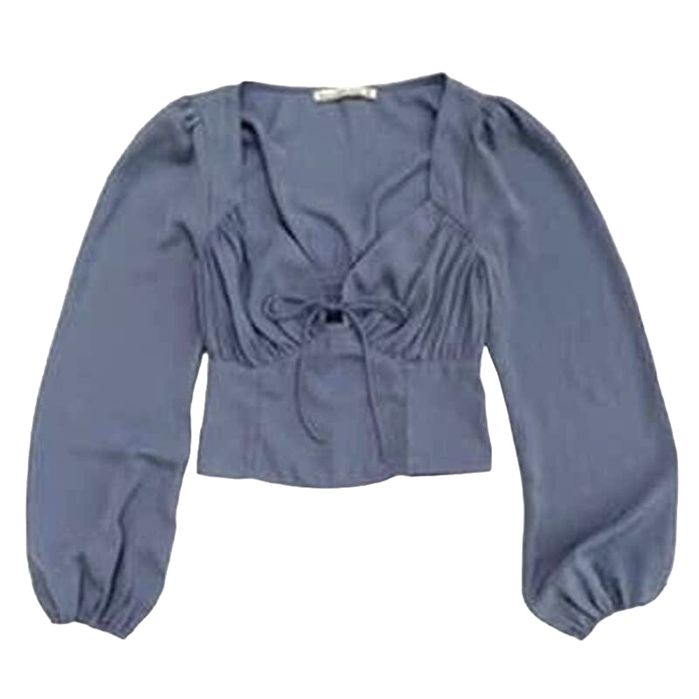 Women's Abercrombie & Fitch Blue V-Neck Puff Long Sleeve Crop Top Shirt Size XS